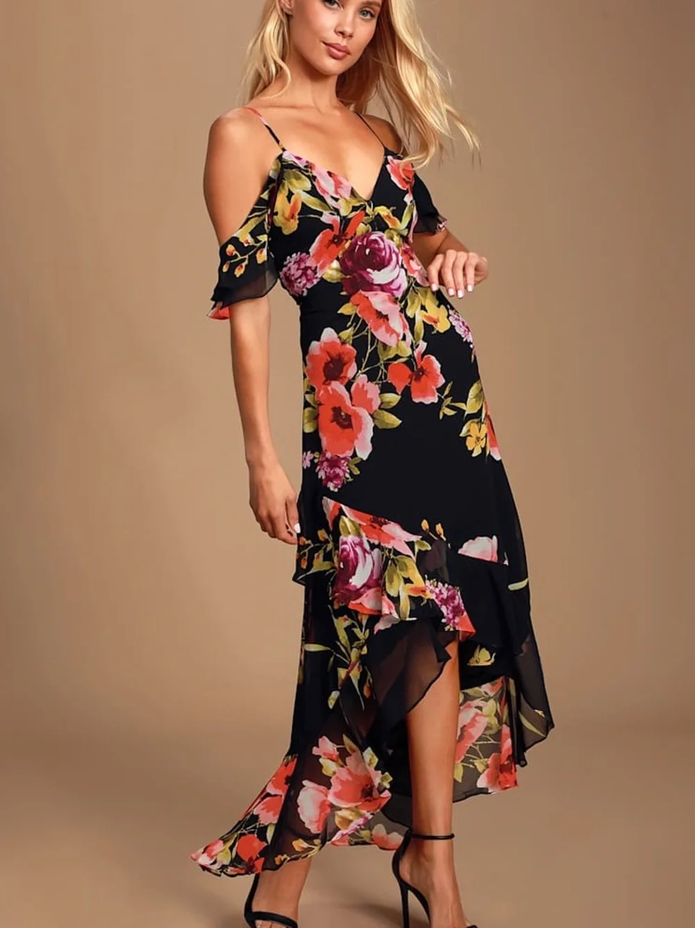 Lulus Love in Bloom Black Floral Print Off-the-Shoulder High-low Dress Size M - Picture 1 of 12